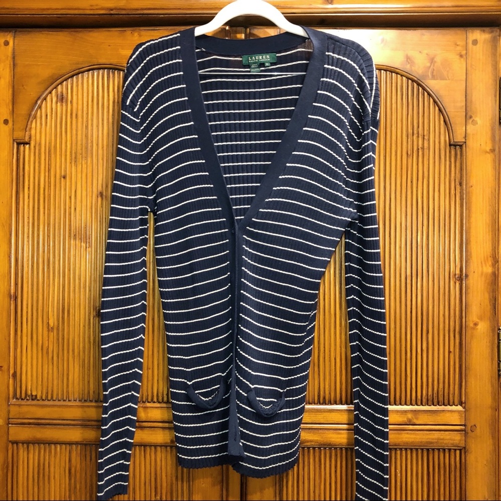 Lauren navy and white striped cardigan sz XL
